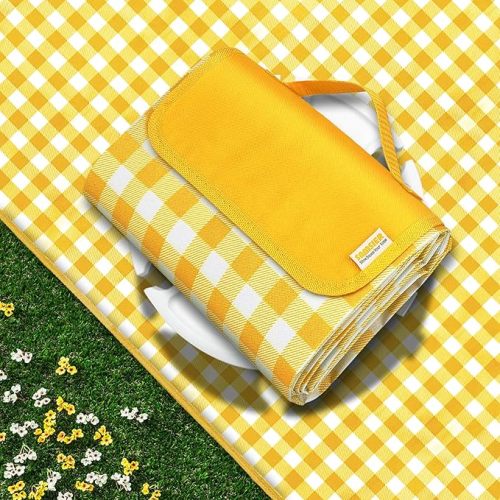 Outdoor Picnic Blankets Waterproof Foldable, Large Beach Blanket Sandproof, Gingham Picnic Mat Cute Washable Portable (Yellow, 60"×80")