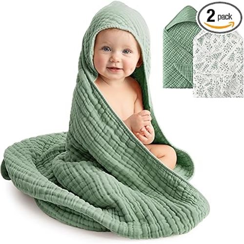 Baby Bath Towels, 100% Muslin Cotton Hooded Baby Towels for Newborn, Infant and Toddler, 2 Pack Soft and Absorbent Unisex Bath Essentials with Large 32x32Inch Size