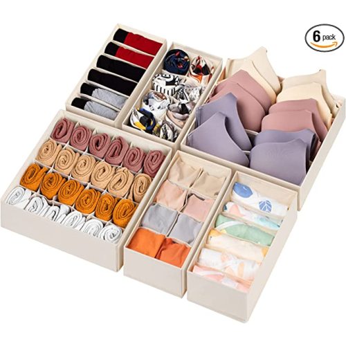 6 Pack Sock Underwear Drawer Organizer Dividers, 58 Cell Foldable Fabric Dresser Closet Organizers and Storage Bins for Clothing, Baby Clothes, Bra, Panty, Scarf, Ties (Beige)