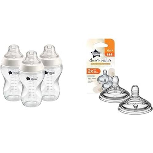 Tommee Tippee Closer to Nature Added Cereal Baby Bottle, Y-Cut Bottle Nipple, BPA-Free (11oz, 3 Count) & Closer to Nature Baby Bottle Nipples, Breast-Like, Anti-Colic Valve, Soft Silicone
