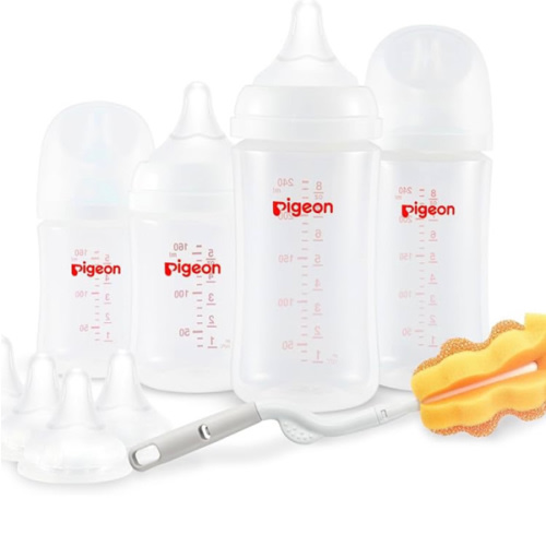Pigeon Baby Bottle Newborn Feeding Gift Set, Anti-Colic, Wide Neck Bottle with Latch-On Line Nipple (4 PP Feeding Bottles with Nipples+ 4 Nipples + 1 Baby Bottle Brush)