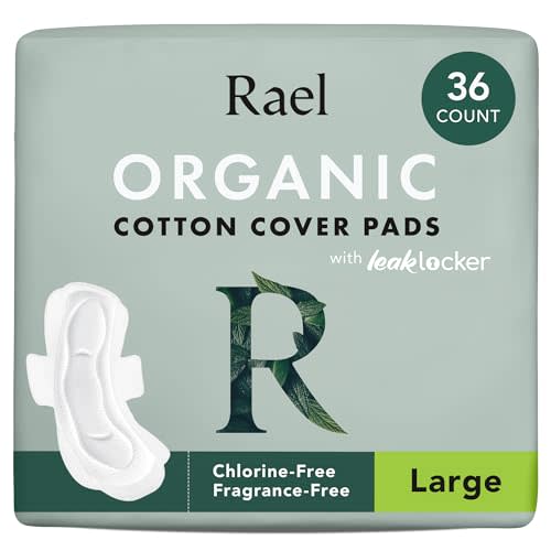Rael Pads for Women, Organic Cotton Cover - Period Pads with Wings, Feminine Care, Sanitary Napkins, Heavy Absorbency, Unscented (Large, 36 Count)