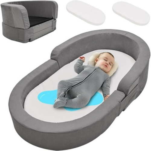 Slsy Foldable Toddler Travel Bed, 2-in-1 Baby Floor Bed Sofa Chair, Kids Portable Toddler Folding Floor Cot for Travel, Washable Sleeper Cot + 2*Washable Fitted Sheet