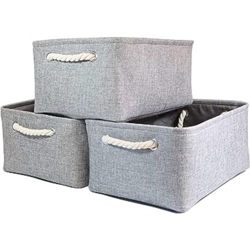 Collapsible Storage Basket (14Lx10.6Wx6.6H) Decorative Storage Bins with Handles Canvas Storage Baskets for Shelves Gift baskets organizing Toys Clothes Books (grey,3Pack)