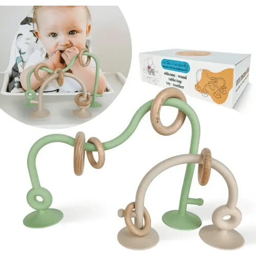 Silicone and Wood Table Top Toy and Teether, Montessori Educational Toys for Infant Toddlers, High Chair Toys with Suction Cups, Silicone Teething Toys for Babies (Olive and Beige)