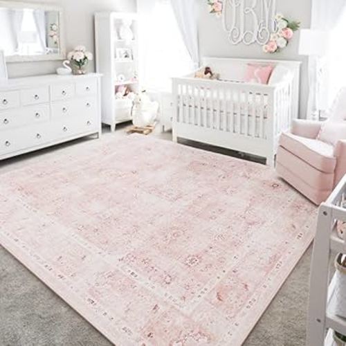 Pink Rug 5x7 for Living Room,Machine Washable Girls Room Rug for Nursery Bedroom,Blush Pink Super Soft Faux Wool Boho Floral Carpet 5 by 7
