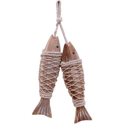 Set of 2 Hanging Vintage Wooden Fish Wall Sculpture Decor 8''H Hand Carved Nautical Decorated Mediterranean Style Distressed Look Wood Fishing Home Decoration Nautical Beach Themed Wall Ornament