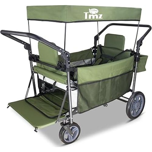 TMZ Foldable Wagon with Canopy, Collapsible Folding Wagon with Adjustable Handle Bar,Multi Functional Cart with Expansion Accessories,Front Expandable Transport Camping Wagon (Green/Beige)
