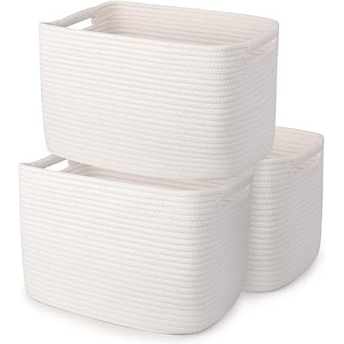 Woven Rope Storage Baskets for Oragnizing, Soft Toy Bin for Kids, rectangle Cotton Baby Gift Basket for Nursery, Shelves Desk Bathroom, Set of 3 Off White