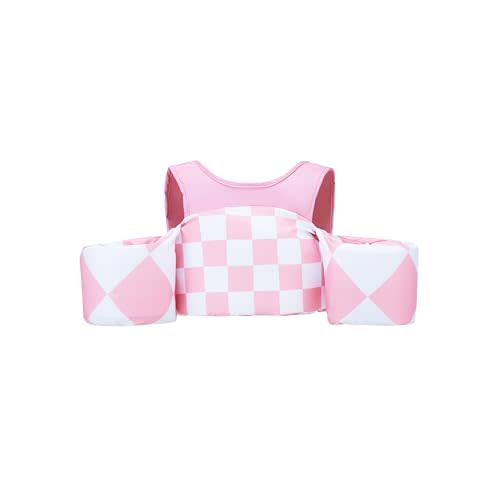 KIDSco. Swim Vest for Kids 30-50 lbs | Toddler Swimming Aid with Shoulder Strap and Water Wings | Cute Swim Floaties for Boys and Girls 2 to 6 Years for Pool and Beach (Pink Checkerboard)