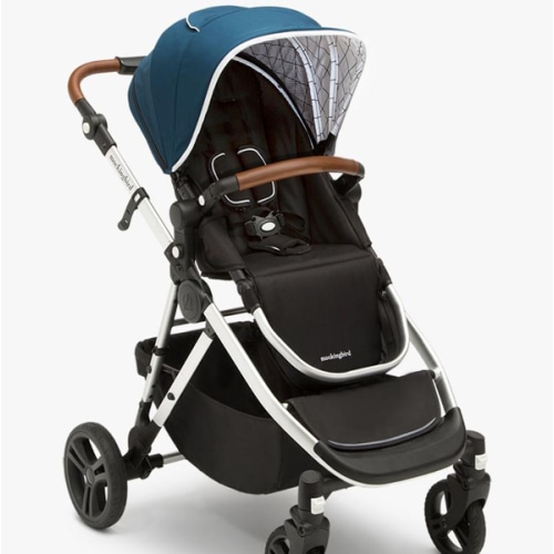 Mockingbird Single-to-Double Stroller | Sea, Windowpane, Silver with Penny Leather