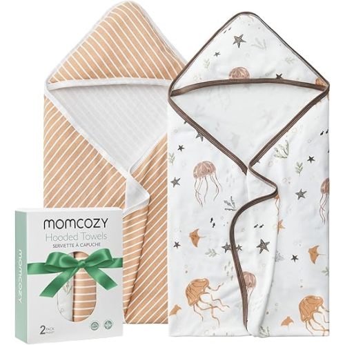 Momcozy Baby Towel with Hooded-2 Pack Soft Bath Towel Set-Shower Gifts or Bath Essential for Infant,Newborn, Toddler (28 X 28 Inch, Ocean Whimsy)
