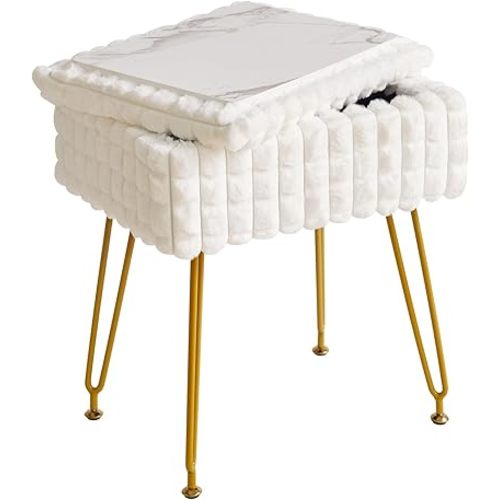IBUYKE Rectangle Vanity Chair with Storage Space, Footrest Footstool Ottoman, Vanity Stool, Dressing Table Chair, with Anti-Slip Feet, for Makeup Room, Bedroom, Square Grid Pattern, White WBD004W