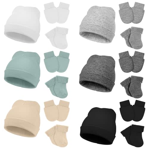 Toulite 6 Pack Preemie Hats Mittens and Socks Set Cotton Preemie Beanie Hat Socks and No Scratch Mittens