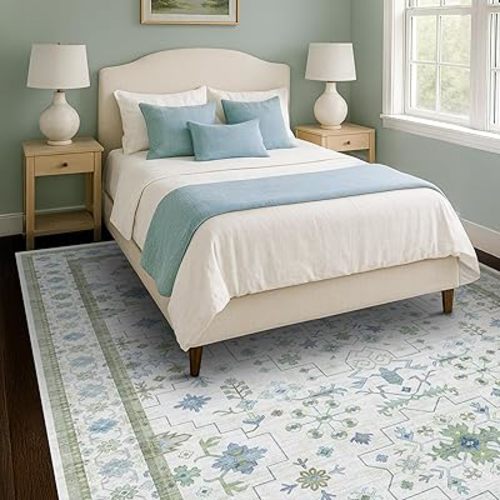 Cream Oushak 7x9 Bedroom Rug - Boho Floral Cool Blue and Green, Washable Low Pile Non-Slip Ultra-Thin Large Area Rugs for Playroom, Bed Room, Living Room