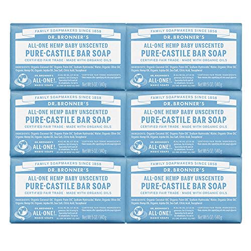 Dr. Bronner's - Pure-Castile Bar Soap (Baby Unscented, 5 oz, 6-Pack) -Made with Organic Oils, For Face, Body & Hair, Gentle for Sensitive Skin & Babies, No Added Fragrance,Biodegradable,Vegan,Non-GMO