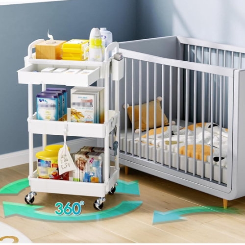 Diaper Cart Organizer with Wheels, 3 Tier Rolling Bedside Cart for Baby Essentials, Baby Organizers and Storage Diaper Caddy Carts for Changing Table, Crib, Bedroom, Newborn Nursery Supplies, White