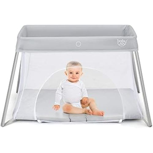 BABY JOY 2 in 1 Travel Crib with Side Zipper, Portable Baby Playard with Soft Washable Mattress, Installation-Free Home Playard with Carry Bag for Airplane, Lightweight Playpen for Infants &Toddlers