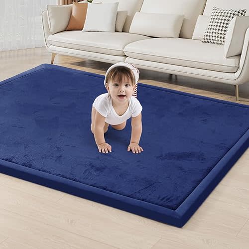 ACOMOPACK Baby Play Mat for Floor 1.3" Thick Memory Foam Play Mat 79"×118" Tummy Time Crawling with Non-Slip Bottom for Living Room,Nursery,Soft Velvet Playpen Mats for Kids,Infants(Royal Blue)