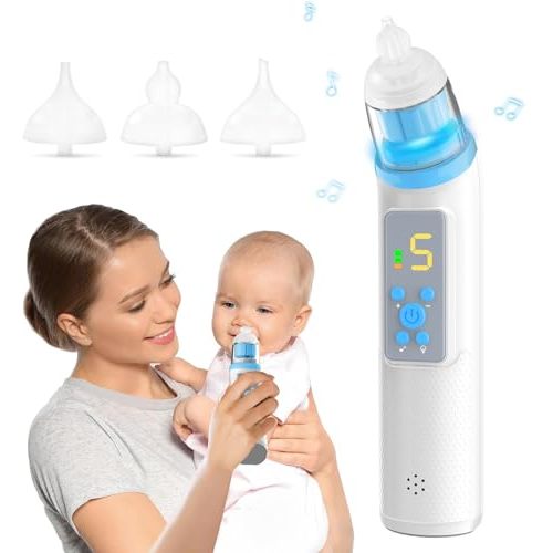 Nasal Aspirator for Baby, Electric Nose Suction for Baby Nose Sucker with 5 Suction Levels, Waterproof Nose Aspirator for Toddlers with 3 Silicone Tips, Music and Light Soothing Function, Blue