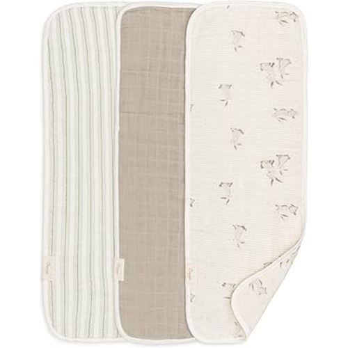 Crane Baby 100% Organic Cotton 3-pc. Burp Cloth Set - GOTS Certified Cotton, Absorbent & Lightweight with Bunny & Stripe Designs, Machine Washable, Muslin Burp Cloth