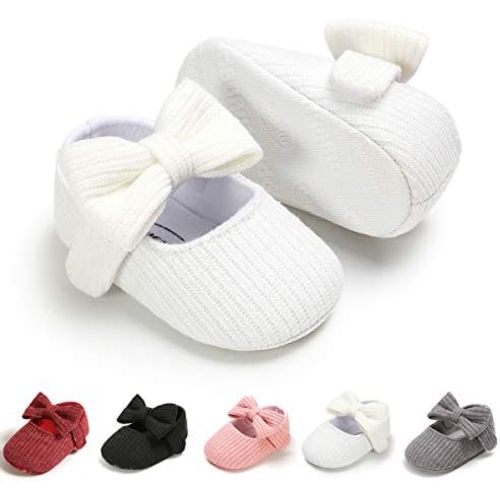 Baby Girls Mary Jane Flats with Bowknot Flowers Princess Wedding Dress Ballet Shoes Non-Slip Toddler First Walkers Newborn Crib Shoes