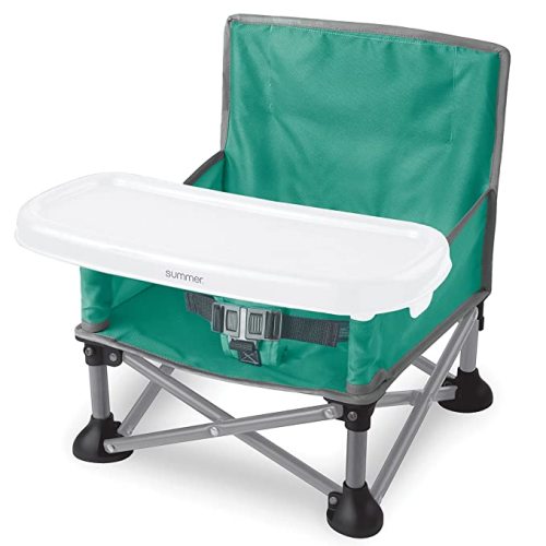 Summer by Bright Starts Pop 'N Sit Portable Booster Chair, Floor Seat, Indoor/Outdoor Use, Compact Fold, Teal, 6 Mos - 3 Yrs - Teal & Gray