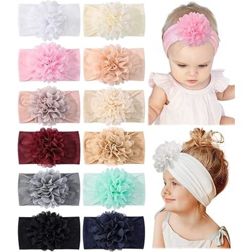 jollybows 12pcs Baby Girls Headband Newborn Big Chiffon Flower Head Wraps Infant Soft Nylon Hair Accessories For Toddler Kids Teens