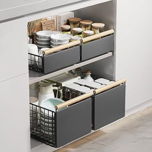 2 Pack Foldable Pull Out Cabinet Organizer with Wooden Handle, Collapsible Slide Out Cabinet Organizer for Kitchen, Roll Out Cabinet Shelf Drawer Storage Fixed with Adhesive Nano Film (2 Pack Large)