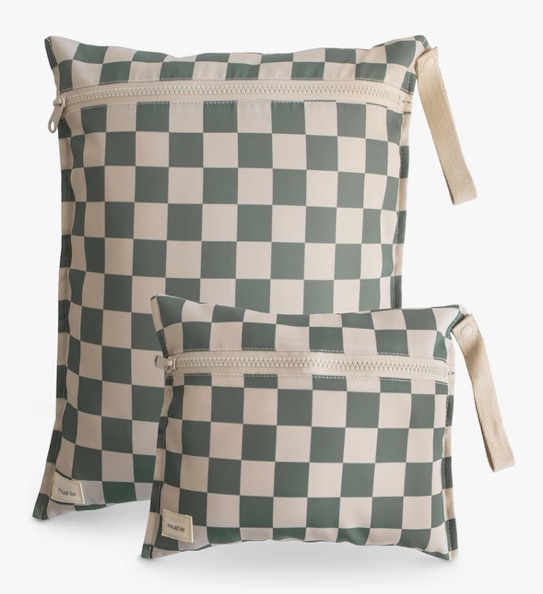 mushie Water Resistant Wet Bags | Large & Small Reusable Storage Bag for Baby Items and Travel | Zippered Pockets with Handle | Machine Washable, Set of 2 (Olive Check)