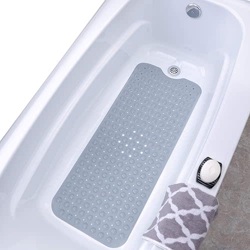 SlipX Solutions Power Grip Extra Long Bath Tub & Shower Mat 39x16, Wet Floor Non-Slip for Elderly & Kids Bathroom, 30% Longer Bathtub Mats, 200 Suction Cups, Drain Holes, Machine Wash, Gray