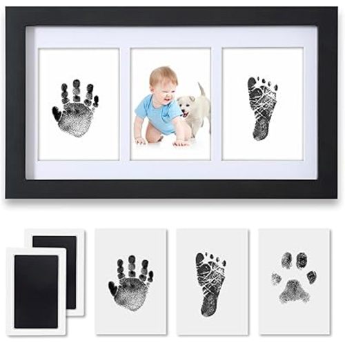 Hand and Footprint Kit,Inkless Handprint Kit with 2 Safe Clean-Touch Ink Pads and a Wooden Baby Picture Frame Gifts for New Parents, Shower Gift-Black
