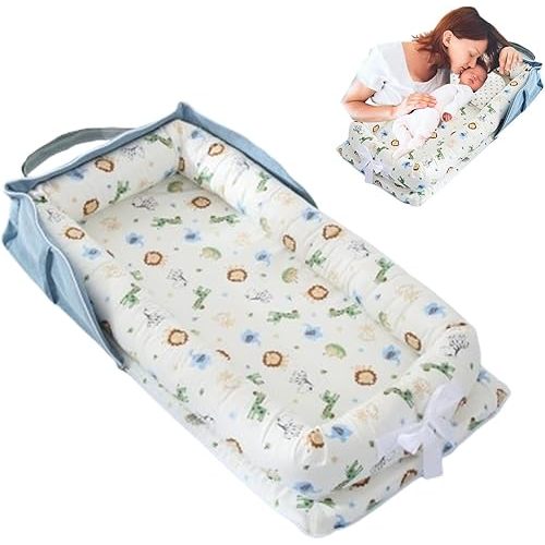 Baby Lounger for Newborn Portable Bag,Baby Nest Co Sleeping for Baby in Bed with Strap,Newborn Lounger Adjustable Size & Inner Zipper Lengthen Space to 24 Months,Animal World Blue