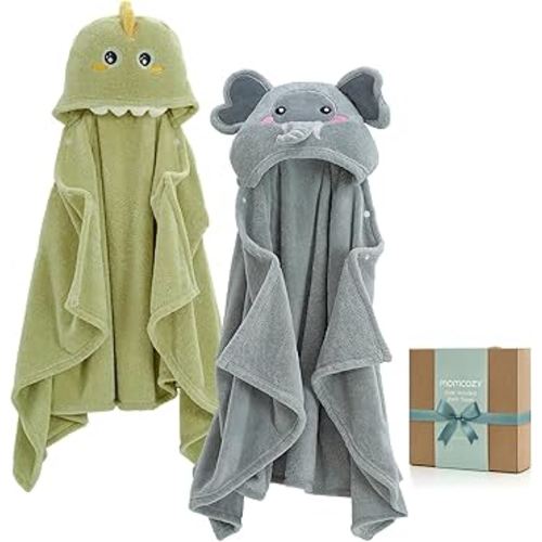 Momcozy Hooded Baby Towels-Visualize Health Label -2 Pack Premium Coral Fleece Bath Towel with Large Size-Ultra Absorbent for Baby Comfort- Great Gift for Newborn, Toddler and Kids(28"x 55", L x W)