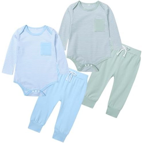 BeiVSlley Baby Boy Girl Clothes 2 Sets (4 Pieces) | Striped Cotton Bodysuit + Elastic Waist Pants Newborn Outfits 2-Pack