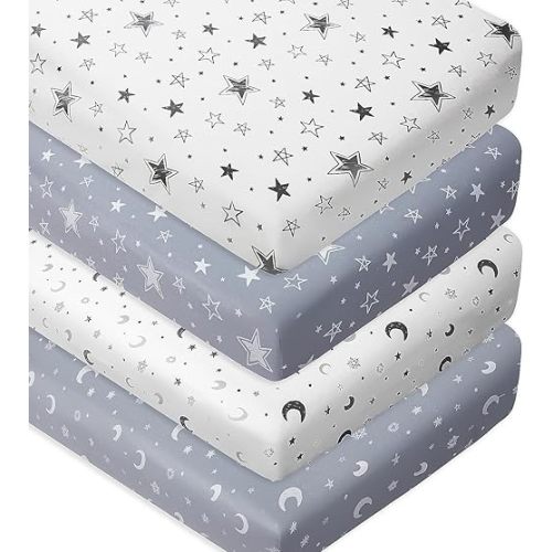 4 Pack Soft Star and Moon Neutral Unisex Fitted Baby Sheets Set for Baby Boys or Girls (Crib Sheets)