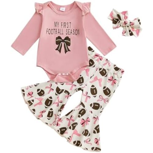 Newborn Infant Baby Girl Football Outfit Football Bow Embroidery Long Sleeve Romper Flare Pants Set Fall Clothes