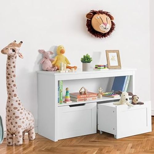 CAPHAUS Toy Storage Organizer with 2 Wheeled Drawers, White, Playroom Organization and Storage, Floor Toy Box with Wheels and Shelf, for Kids, Boys and Girls, Nursery, Playroom and Bedroom