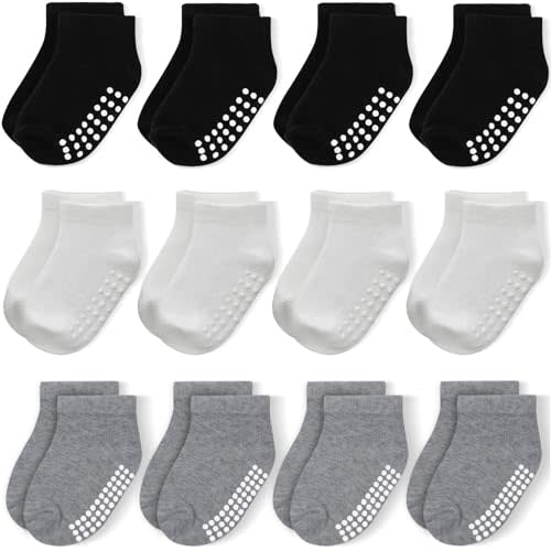 JAKIDAR 12 Pair Baby Toddler Socks Non-Slip Grip Cotton Ankle Socks for Boys Girls Non Skid Soles for Infants Kids