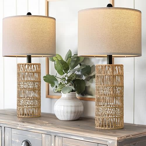 OYEARS 22.5" Boho Table Lamps Set of 2 for Living Room, Bedside Lamp for Nightstands, Rattan Lamp for Bedroom, Farmhouse Table Lamp for Room Decor, End Table, Retro, Brown(Not Include Bulbs)