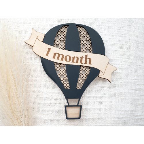 Wooden 3D hot air balloon monthly milestone sign | Interchangeable custom milestone card | Baby photo props | Boho rattan decor