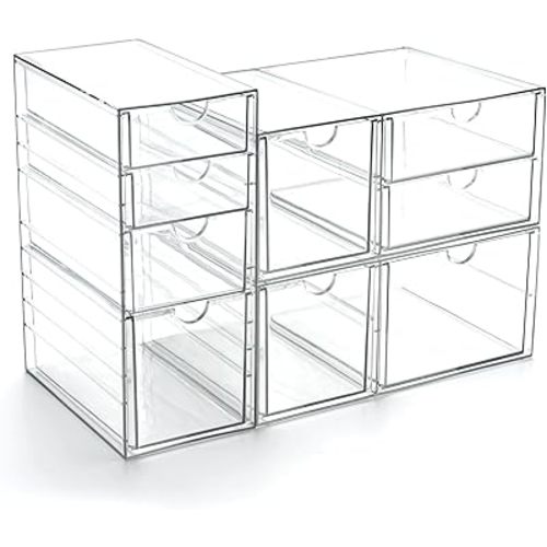 Prsildan Acrylic Drawer Makeup Organizer with 9 Drawers, Set of 3 Office Desk Organizers Accessories, Clear Stackable Storage Drawers for Vanity, Countertop, Craft, Jewelry, Art Supply Organization