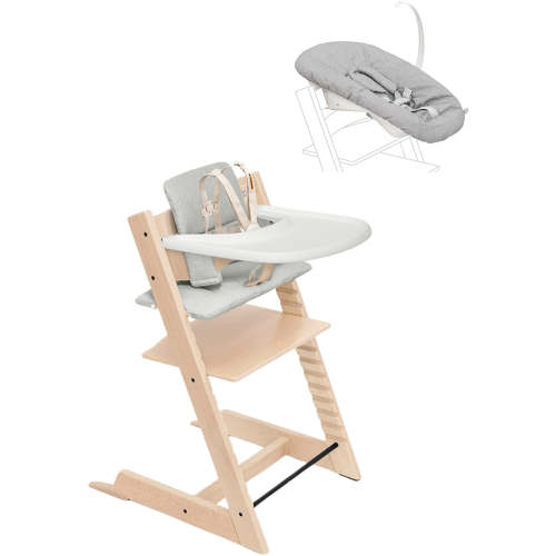 Stokke Tripp Trapp High Chair2 with Cushion, Newborn Set and Stokke Tray - Natural / Nordic Grey