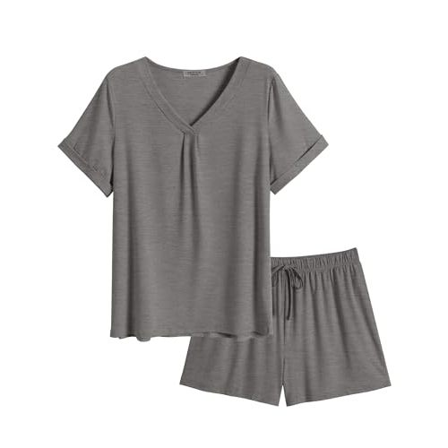 Ekouaer Pajamas Set Women's Short Sleeve 2 Piece PJ Sets V Neck Comfy Sleepwear Loungewear with Pockets S-XXL