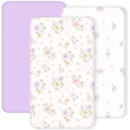 3 Pack Stretchy Bassinet Sheets 20" x 33" Compatible with Baby Delight, Angelbliss, Maxi-COSI & Most Regular Size Bedside Sleeper- Soft Breathable Fitted Bassinet Sheets, Purple & Flower