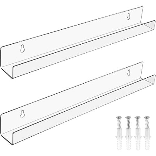 2 Pieces Acrylic Floating Shelves, 15inch Clear Acrylic Shelf, Invisible Wall Mount Bookshelf with Mounting Kit, Small Bathroom Shelves for Record, Book, Funko Pop Figure Display