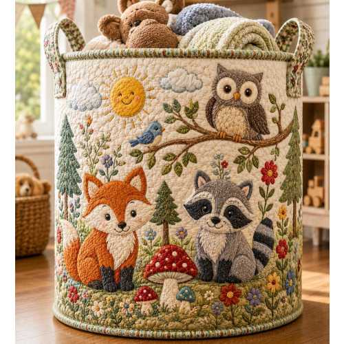 Quilted Laundry Bag Woodland Animals Basket, Fox Raccoon Owl Nursery Decor, Forest Storage Bin, Kids Room Gift ORD-WTI26