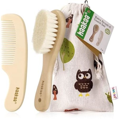 haakaa Baby Hair Brush and Comb Set for Newborns & Toddlers - Natural Soft Goat Bristles and Wooden Handle, Gently Grooms Baby's Hair, Ideal for Cradle Cap, Perfect Baby Gift, 2pk
