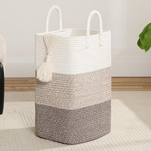 Tall Laundry Basket,Woven Cotton Rope Laundry Hamper Sorters, Versatile Storage for Dirty Clothes,Baby Toys,and Blankets in Bathroom, Nursery,and Living Room (Gradient Brown, 40L)