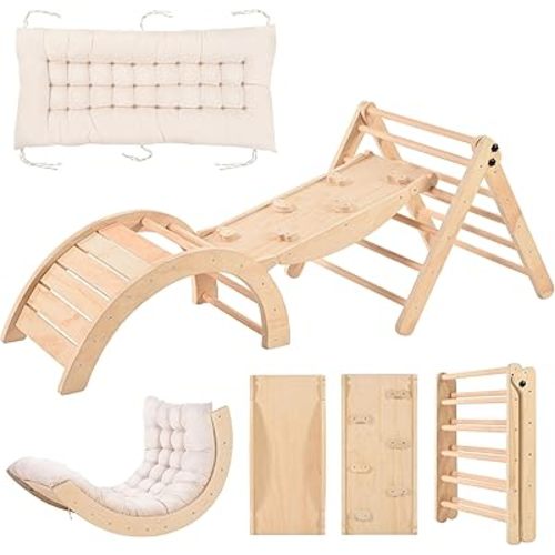 OLLIKIVI Pikler Triangle Set with Cushion, Indoor Climbing Toy Set for Toddlers, Montessori Foldable Indoor Playground, Wodden Jungle Gym with Ramp and Arch Climber for 1-6 Years Old Kids